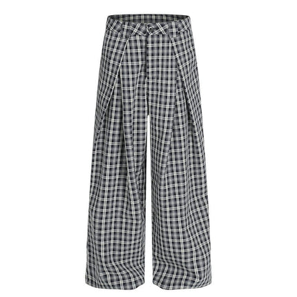 TALKLESSFASHION S / Navy blue GXFortune Minimalist Pleated Three-dimensional Plaid Wide-Leg Slacks Genderless Vintage Versatile Loose Long Pants