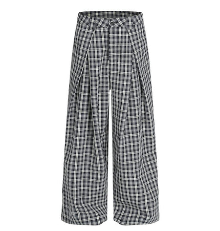 THETLSTUDIO S / Navy blue GXFortune Minimalist Pleated Three-dimensional Plaid Wide-Leg Slacks Genderless Vintage Versatile Loose Long Pants