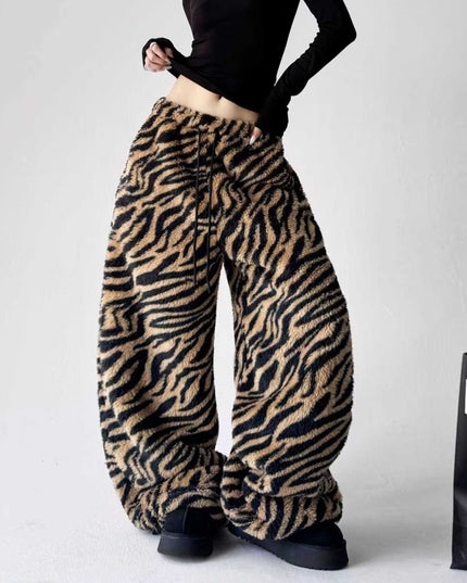 TALKLESSFASHION S / NK122 Slacks - Leopard Print Korean retro lazy leopard print warmth can be worn inside and outside, wide-leg sweatpants, women's winter casual jazz dance scimitar pants