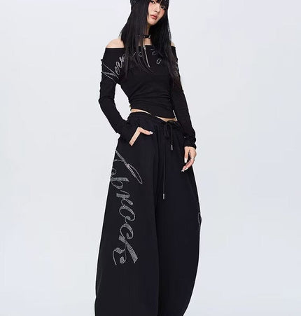 THETLSTUDIO S / NK132 Sweatpants - Black Vintage hip hop hot diamond black hip hop casual sweatpants women's winter design jazz dance scimitar pants