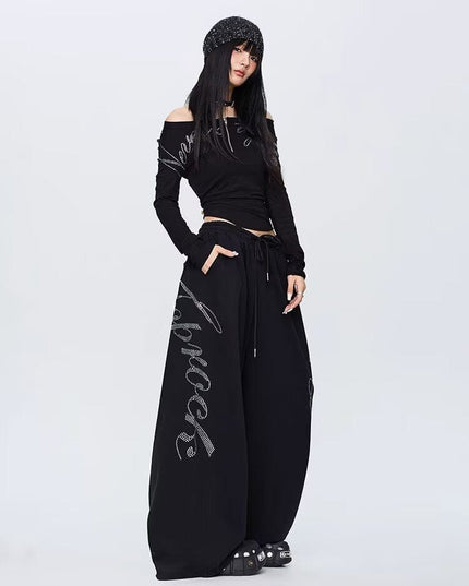 TALKLESSFASHION S / NK132 Sweatpants - Black Vintage hip hop hot diamond black hip hop casual sweatpants women's winter design jazz dance scimitar pants
