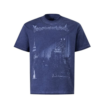 THETLSTUDIO S / Old blue Abstract print T-shirt short sleeve men's top cotton crew neck casual shirt loose summer ins hip hop street trend