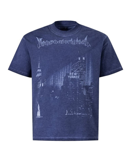 TALKLESSFASHION S / Old blue Abstract print T-shirt short sleeve men's top cotton crew neck casual shirt loose summer ins hip hop street trend
