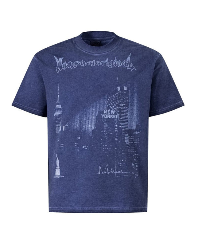 TALKLESSFASHION S / Old blue Abstract print T-shirt short sleeve men's top cotton crew neck casual shirt loose summer ins hip hop street trend