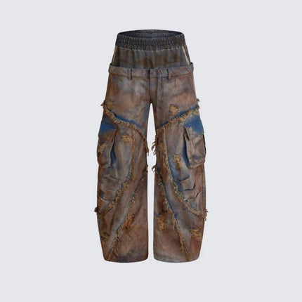 TALKLESSFASHION S / pants Wasteland style short hooded denim jacket men make old mud dye fake two pieces of broken structure raw edge jeans