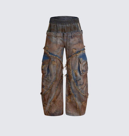 TALKLESSFASHION S / pants Wasteland style short hooded denim jacket men make old mud dye fake two pieces of broken structure raw edge jeans