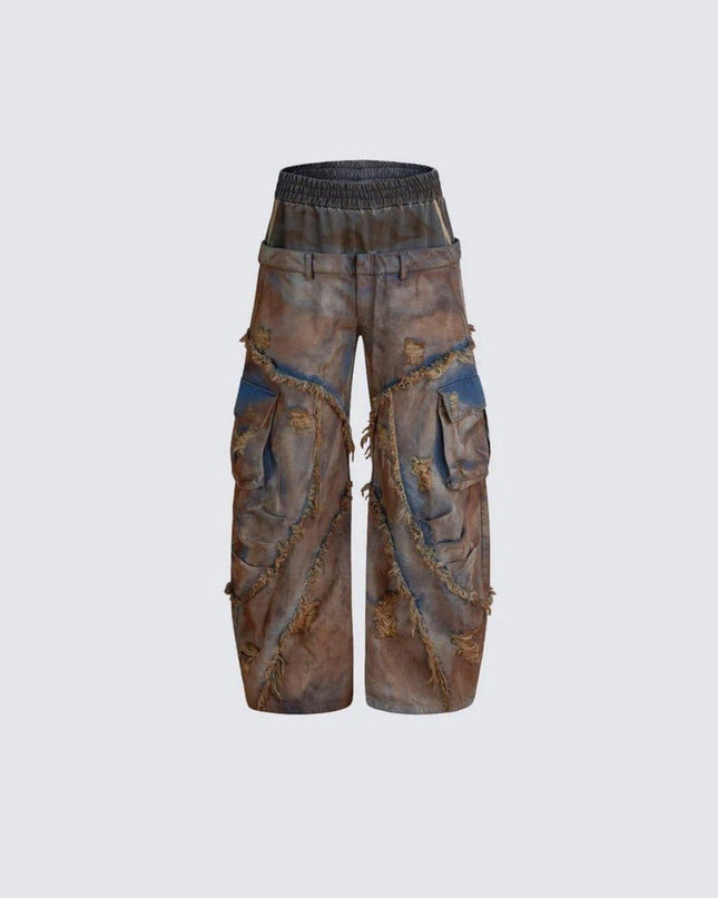 TALKLESSFASHION S / pants Wasteland style short hooded denim jacket men make old mud dye fake two pieces of broken structure raw edge jeans