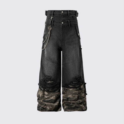 TALKLESSFASHION S / Photo Color 2025 American High Street RO Style Heavy Washed Camouflage Embroidered Jeans Fake Two Wide-Leg Pants