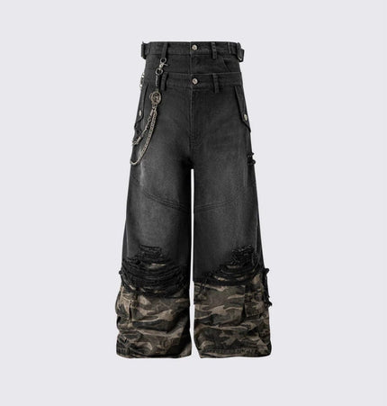 THETLSTUDIO S / Photo Color 2025 American High Street RO Style Heavy Washed Camouflage Embroidered Jeans Fake Two Wide-Leg Pants
