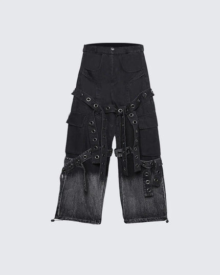 TALKLESSFASHION S / Photo Color American street retro heavy industry design sense pleated workwear hardware decoration loose drape jeans for men and women
