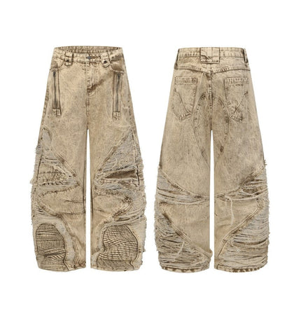 THETLSTUDIO S / Picture apricot 2025 New Scimitar Denim Pants High Street Wasteland Style Torn Raw Edge Loose Slimming Washed Jeans