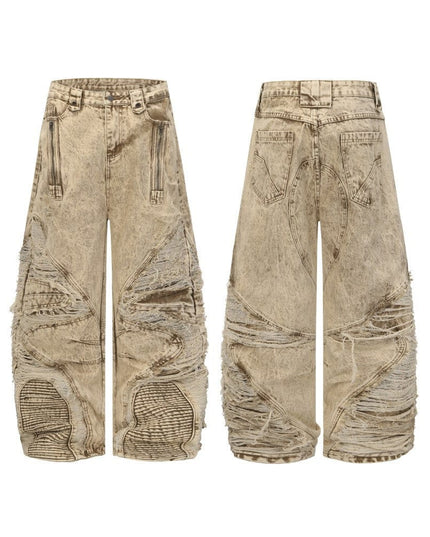 TALKLESSFASHION S / Picture apricot 2025 New Scimitar Denim Pants High Street Wasteland Style Torn Raw Edge Loose Slimming Washed Jeans