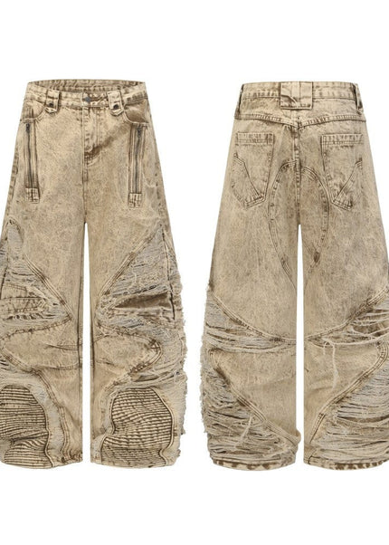THETLSTUDIO S / Picture apricot 2025 New Scimitar Denim Pants High Street Wasteland Style Torn Raw Edge Loose Slimming Washed Jeans