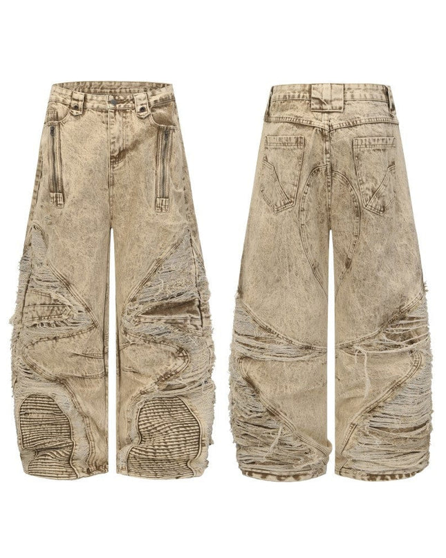TALKLESSFASHION S / Picture apricot 2025 New Scimitar Denim Pants High Street Wasteland Style Torn Raw Edge Loose Slimming Washed Jeans