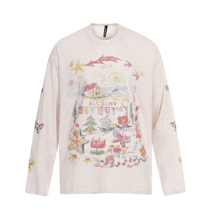 TALKLESSFASHION S / pink Jiayiku's 2026 spring/summer new printed T-shirt long-sleeved American trendy brand personalized graffiti color sports base shirt