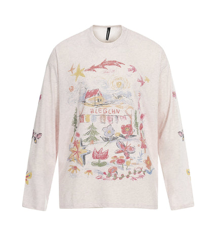 THETLSTUDIO S / pink Jiayiku's 2026 spring/summer new printed T-shirt long-sleeved American trendy brand personalized graffiti color sports base shirt