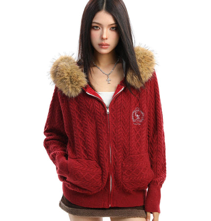 TALKLESSFASHION S / red BIGGOLD Christmas and New Year fur collar hooded red sweater women's autumn and winter atmosphere warm knitted cardigan top