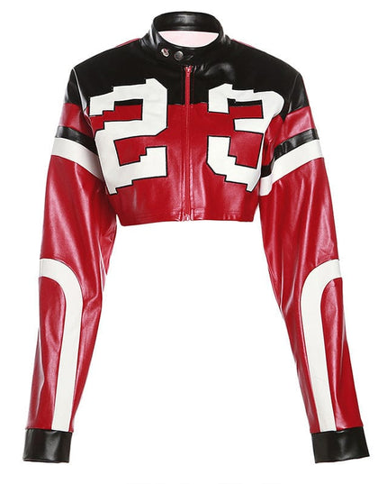 TALKLESSFASHION S / red European and American foreign trade 2025 summer women's new fashion locomotive contrast embroidery splicing slim imitation leather jacket jacket