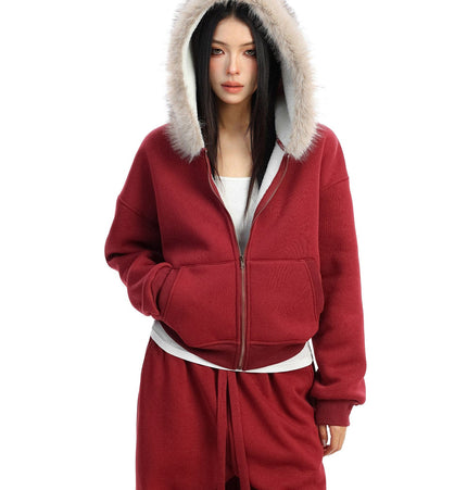 THETLSTUDIO S / Red jacket BIGGOLD Red Battle Robe Fur Collar Hooded Sweatshirt Women's Autumn Winter New Year Top Christmas Plush Pants Two-Piece Set