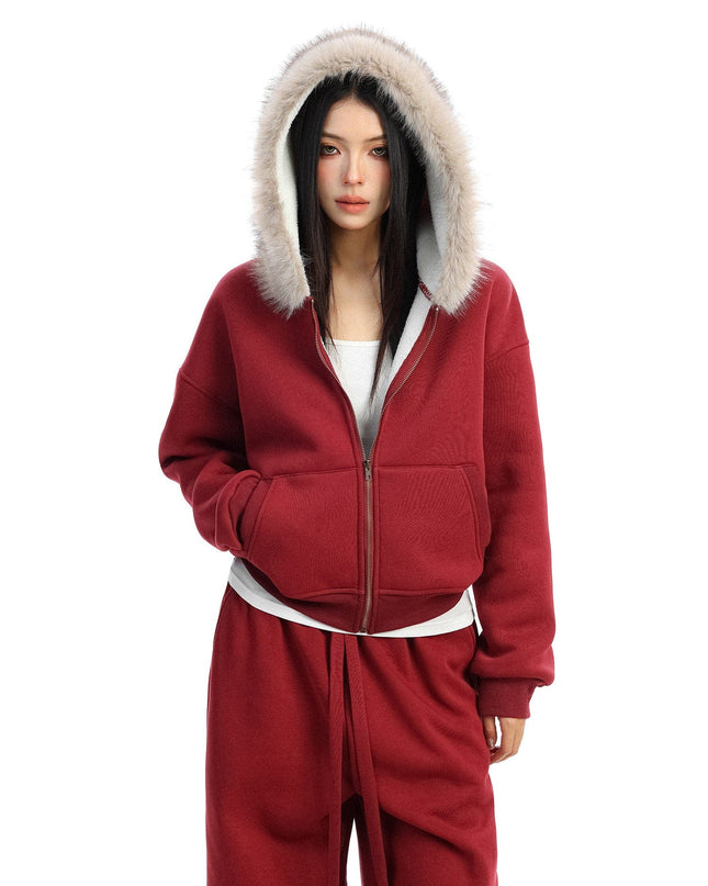 TALKLESSFASHION S / Red jacket BIGGOLD Red Battle Robe Fur Collar Hooded Sweatshirt Women's Autumn Winter New Year Top Christmas Plush Pants Two-Piece Set