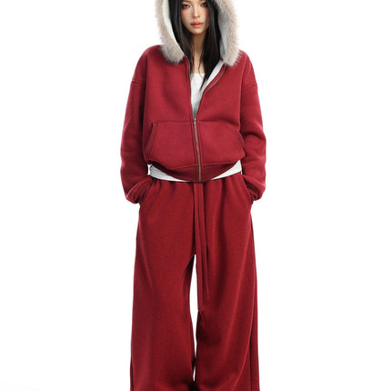 TALKLESSFASHION S / Red pants BIGGOLD Red Battle Robe Fur Collar Hooded Sweatshirt Women's Autumn Winter New Year Top Christmas Plush Pants Two-Piece Set
