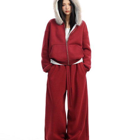 THETLSTUDIO S / Red pants BIGGOLD Red Battle Robe Fur Collar Hooded Sweatshirt Women's Autumn Winter New Year Top Christmas Plush Pants Two-Piece Set