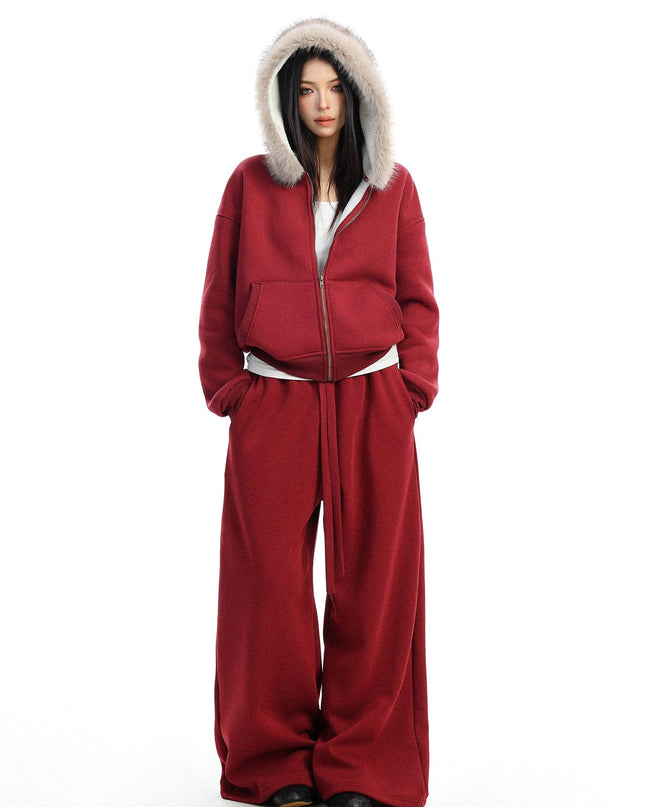 TALKLESSFASHION S / Red pants BIGGOLD Red Battle Robe Fur Collar Hooded Sweatshirt Women's Autumn Winter New Year Top Christmas Plush Pants Two-Piece Set