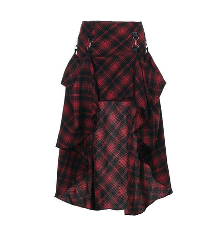 THETLSTUDIO S / red VOstudio 2025 spring summer new retro red and black plaid irregular skirt can be adjusted to wear more midi skirts