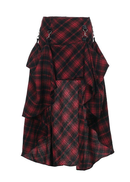 THETLSTUDIO S / red VOstudio 2025 spring summer new retro red and black plaid irregular skirt can be adjusted to wear more midi skirts