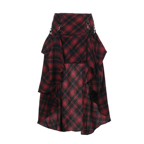 THETLSTUDIO S / red VOstudio 2025 spring summer new retro red and black plaid irregular skirt can be adjusted to wear more midi skirts