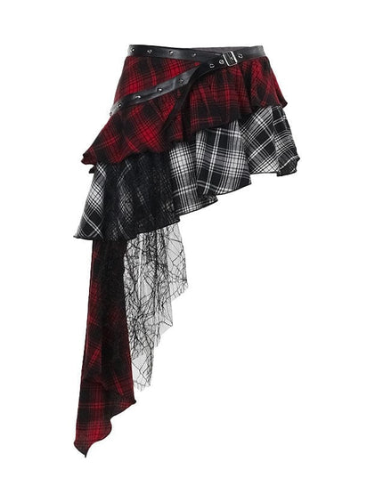 TALKLESSFASHION S / red VOstudio subculture wears irregular checks, patchwork, lace, design, niche skirts, hot girl skirts