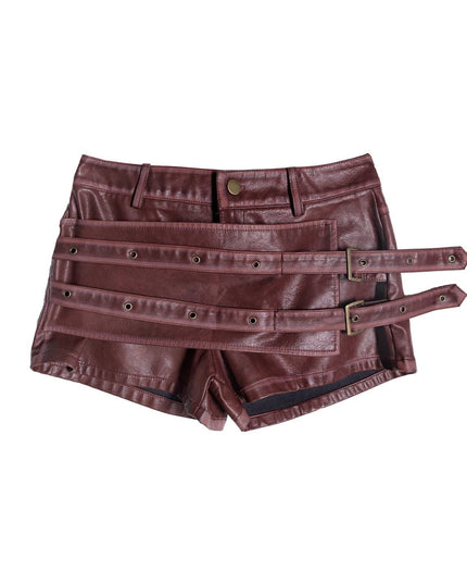 TALKLESSFASHION S / Red wine American sweet and cool metal snap-on double-layer leather shorts 2025 pre-fall new slim asymmetrical old culottes women's clothing