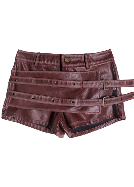 THETLSTUDIO S / Red wine American sweet and cool metal snap-on double-layer leather shorts 2025 pre-fall new slim asymmetrical old culottes women's clothing