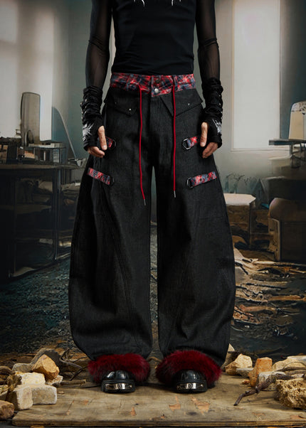 THETLSTUDIO S / Reddish black No man's island original y2k niche personality splicing pants hem furry detachable scimitar pants jeans