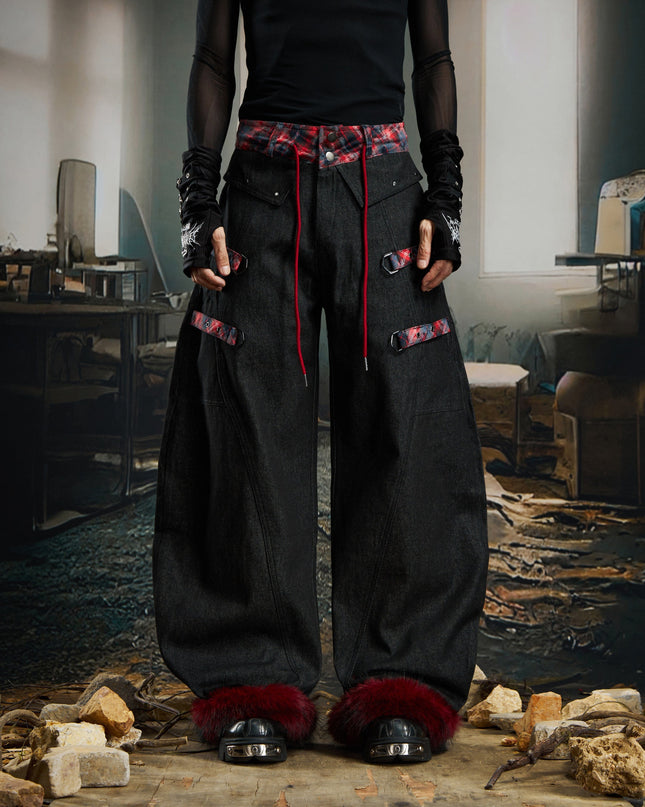 TALKLESSFASHION S / Reddish black No man's island original y2k niche personality splicing pants hem furry detachable scimitar pants jeans