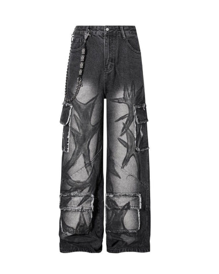 TALKLESSFASHION S Ripped Printed Wide-Leg Jeans