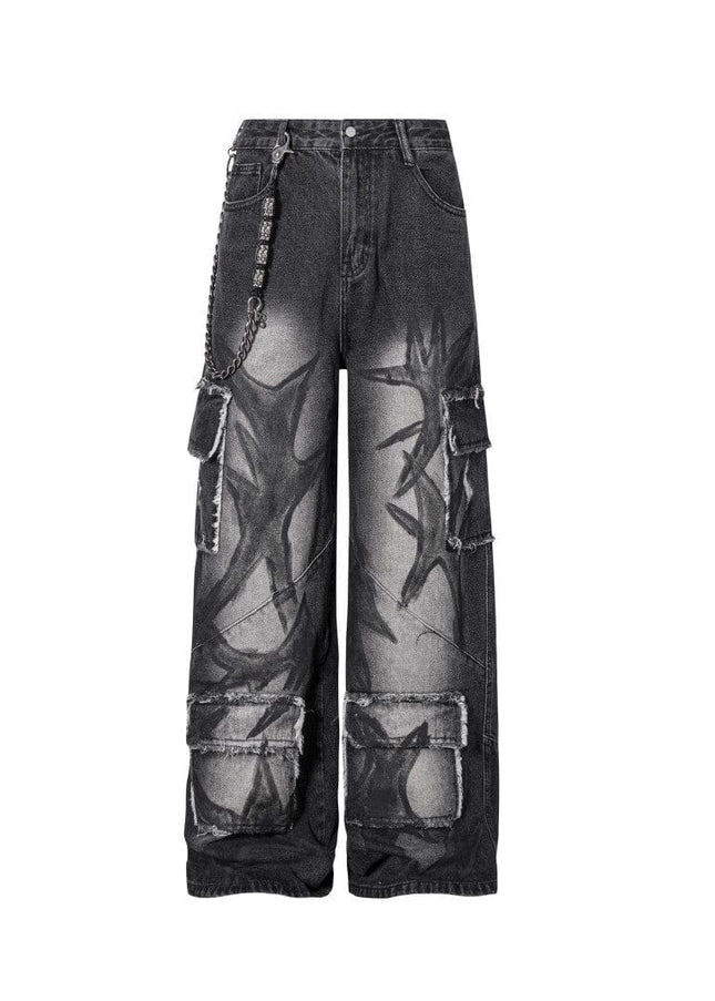 TALKLESSFASHION S Ripped Printed Wide-Leg Jeans