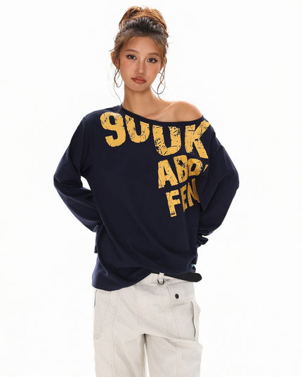 TALKLESSFASHION S / Royal blue Disruptive Lettering Off-Shoulder Top