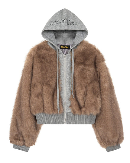 TALKLESSFASHION S / Sand brown American Faux Fur Cropped Layered Jacket