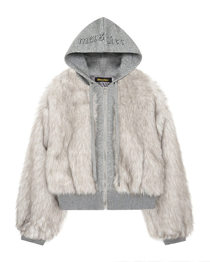 TALKLESSFASHION S / silver white American Faux Fur Cropped Layered Jacket