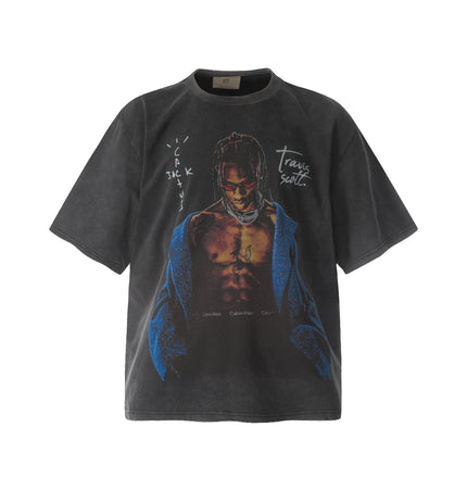 THETLSTUDIO S Travis Scottt Portrait Show-Limited Funny Print Vintage Washed Distressed Short Sleeve T-Shirt
