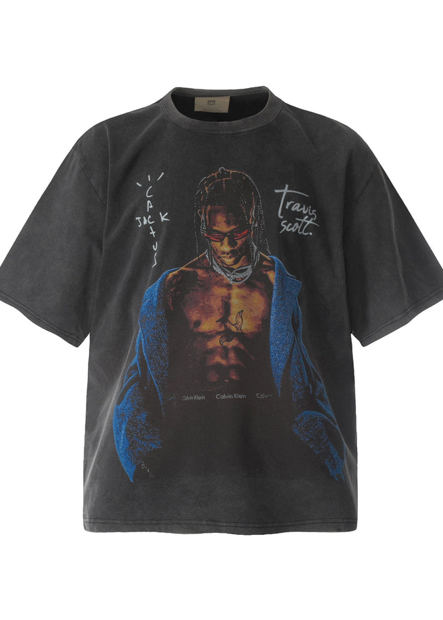 TALKLESSFASHION S Travis Scottt Portrait Show-Limited Funny Print Vintage Washed Distressed Short Sleeve T-Shirt