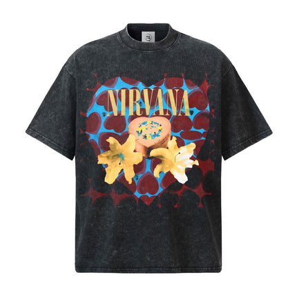 TALKLESSFASHION S / Washed black short sleeve 2026 Spring and Summer Nirvana Heart-shaped Gift Box American Cotton T-Shirt Men's Direct Jet Print Summer Breathable American Short Sleeves