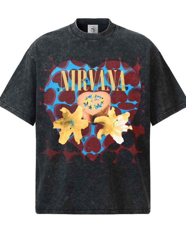 TALKLESSFASHION S / Washed black short sleeve 2026 Spring and Summer Nirvana Heart-shaped Gift Box American Cotton T-Shirt Men's Direct Jet Print Summer Breathable American Short Sleeves