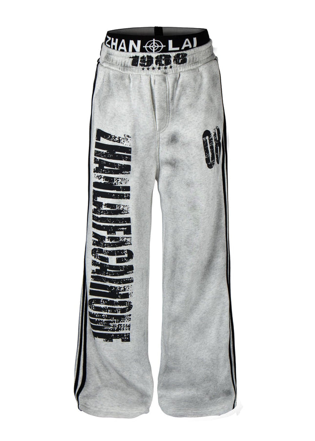 TALKLESSFASHION S / White plus velvet Fall 2025 American high street dirty and worn letter double waist sweatpants for men and women with a sense of design scimitar wide-leg pants