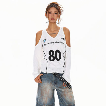 TALKLESSFASHION S / white XPKAEAX Sweet Cool Spice Girls Digital Print Long Sleeve T-Shirt Women's Fall American High Street Sporty Off-the-Shoulder Top