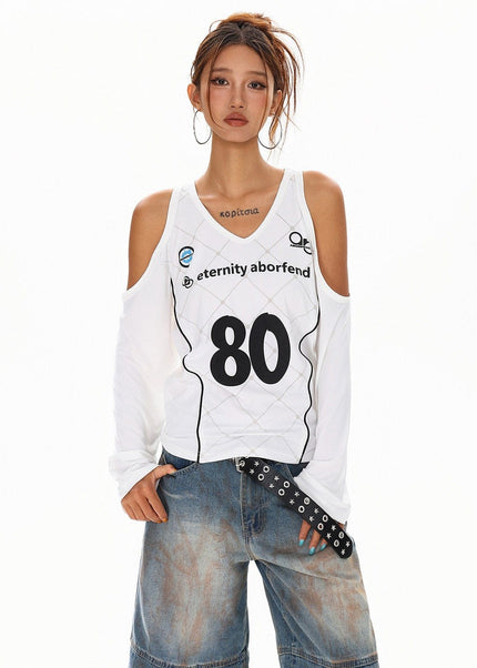 THETLSTUDIO S / white XPKAEAX Sweet Cool Spice Girls Digital Print Long Sleeve T-Shirt Women's Fall American High Street Sporty Off-the-Shoulder Top