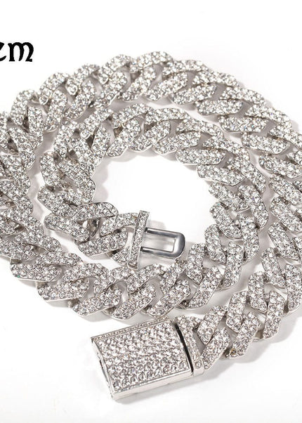 THETLSTUDIO silver 16inch European and American trend 18mm silver Cuban chain rock punk full diamond alloy hip hop fashion metal necklace accessories men