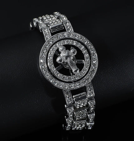 TALKLESSFASHION Silver (cross) MS Watch Bracelet Cross Rotating American Hip Hop Hip Hop Time Running Women's Full Diamond Dollar Men's Bracelet