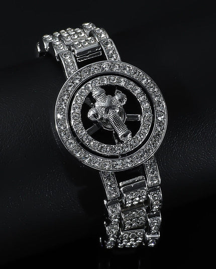 TALKLESSFASHION Silver (cross) MS Watch Bracelet Cross Rotating American Hip Hop Hip Hop Time Running Women's Full Diamond Dollar Men's Bracelet